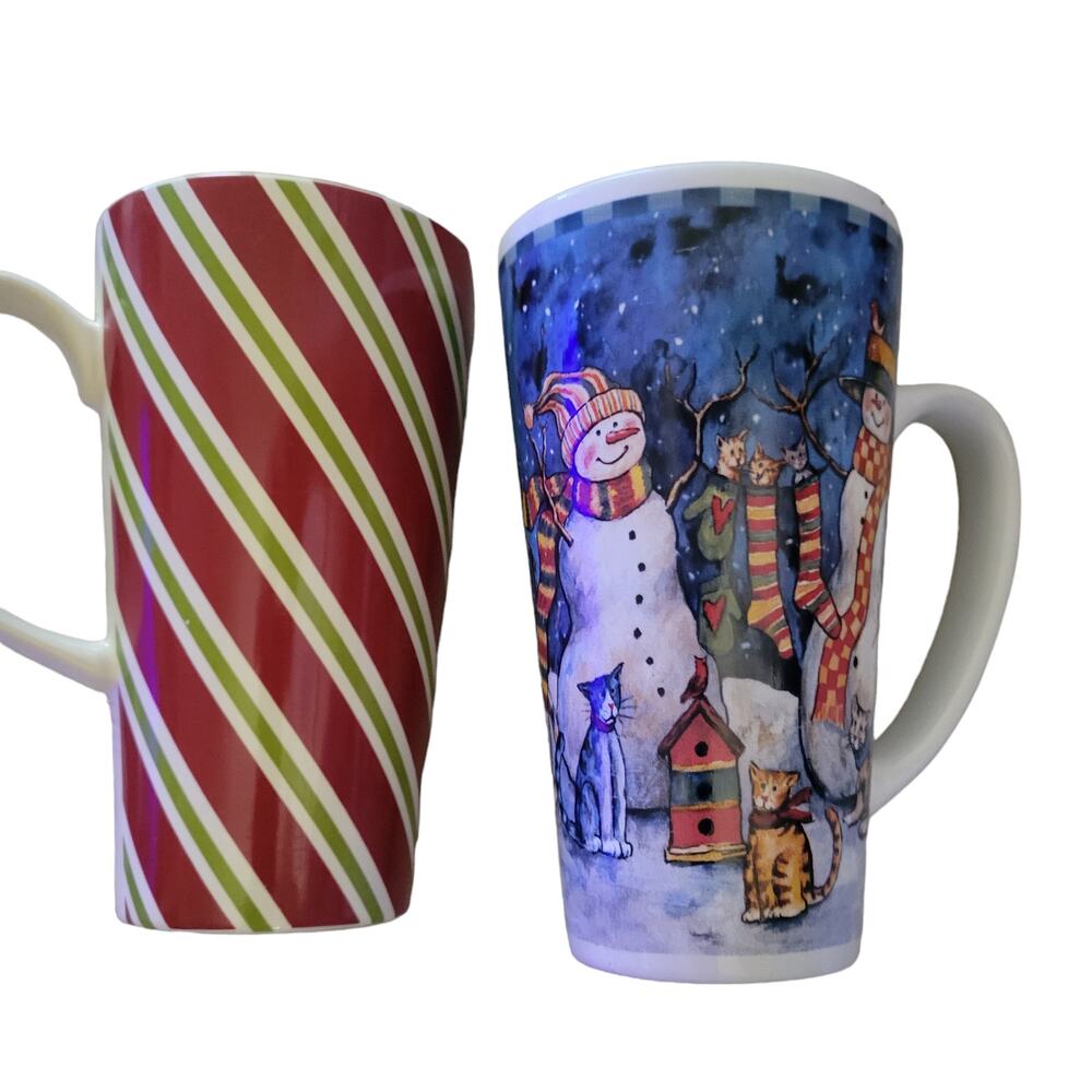 Christmas Coffee Cups Set of Two One has Snowman and One‎ candy cane striped